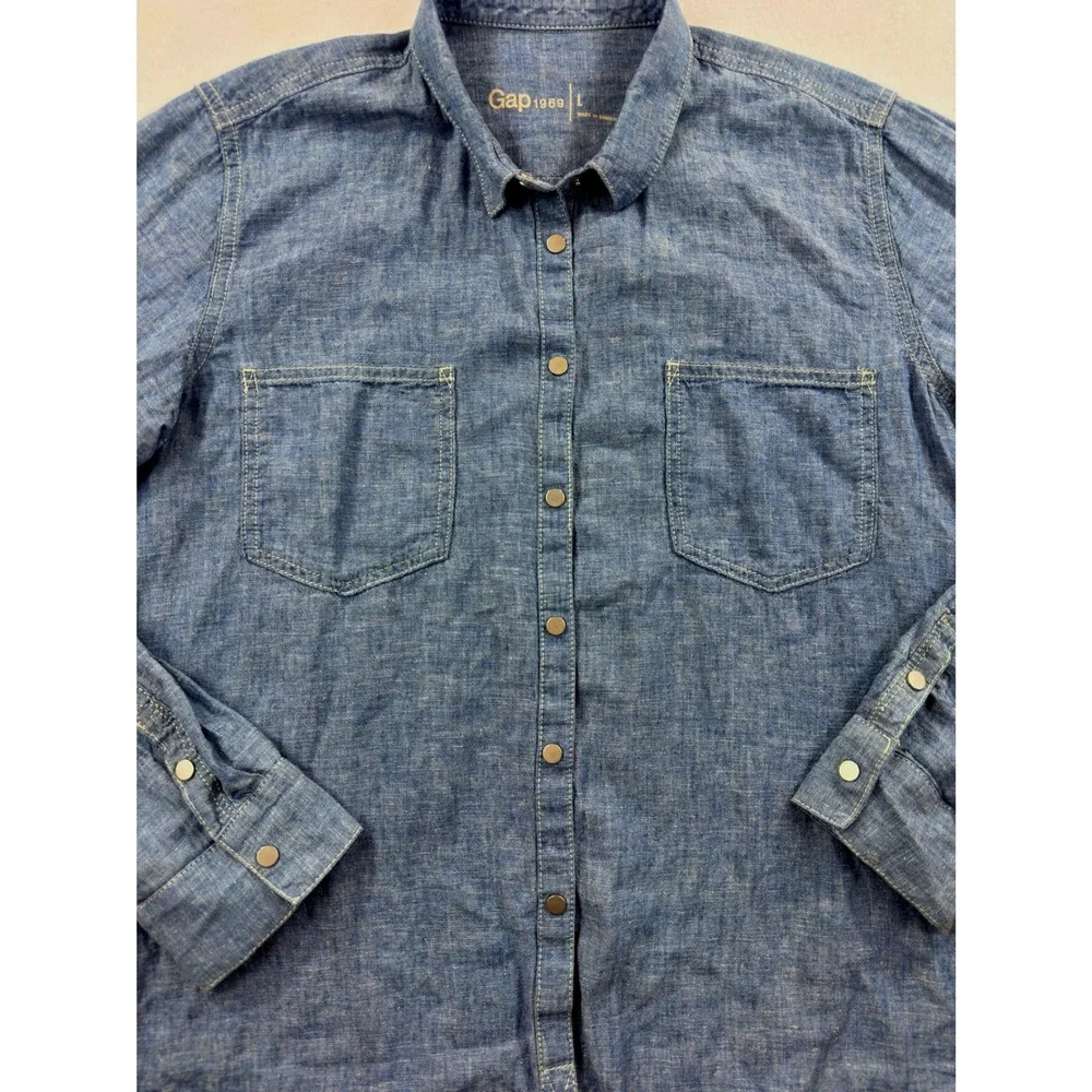 Gap 1969 Womens Large Blue Linen Cotton Blend Snap‎ Front Chambray Shirt